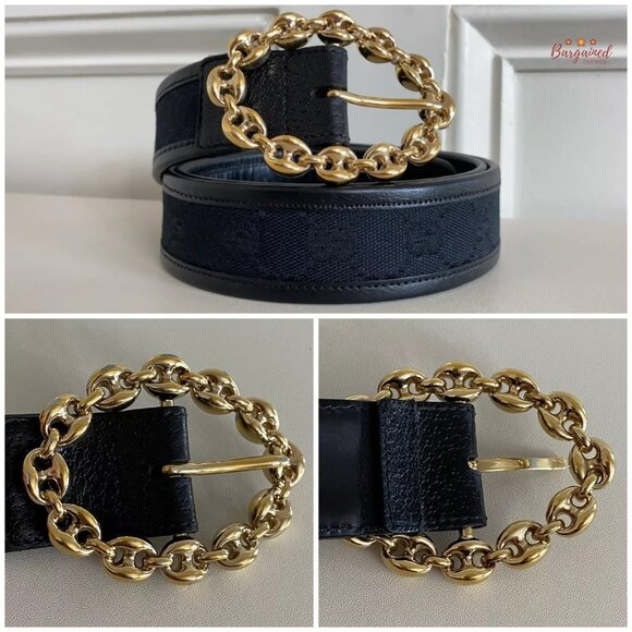 Authentic Gucci Black Monogram Canvas Leather Gold Chain Buckle Belt Size 95/38 main image 5